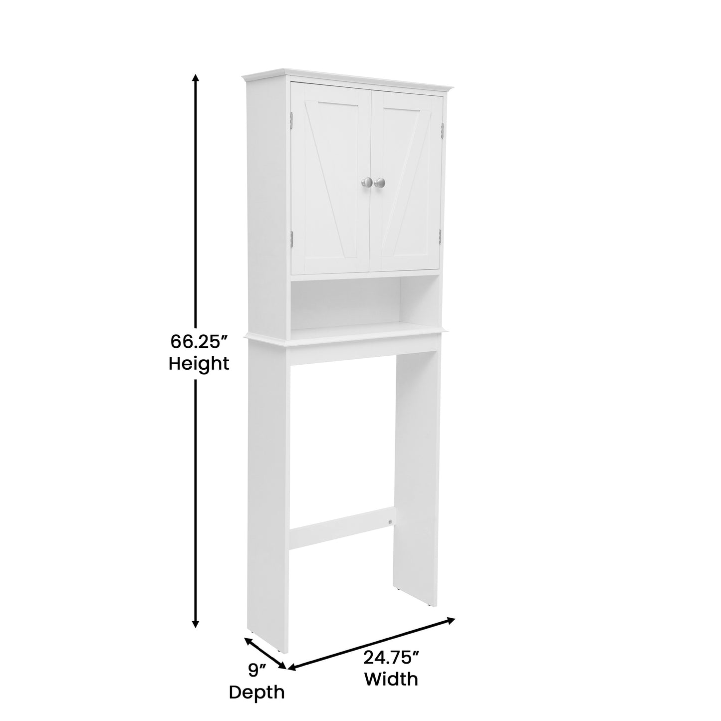Dune Farmhouse Over the Toilet Shelf Cabinet, Magnetic Close Doors, Adjustable In-Cabinet Shelf, Lower Open Shelf, Metal Handles and Hinges, White White