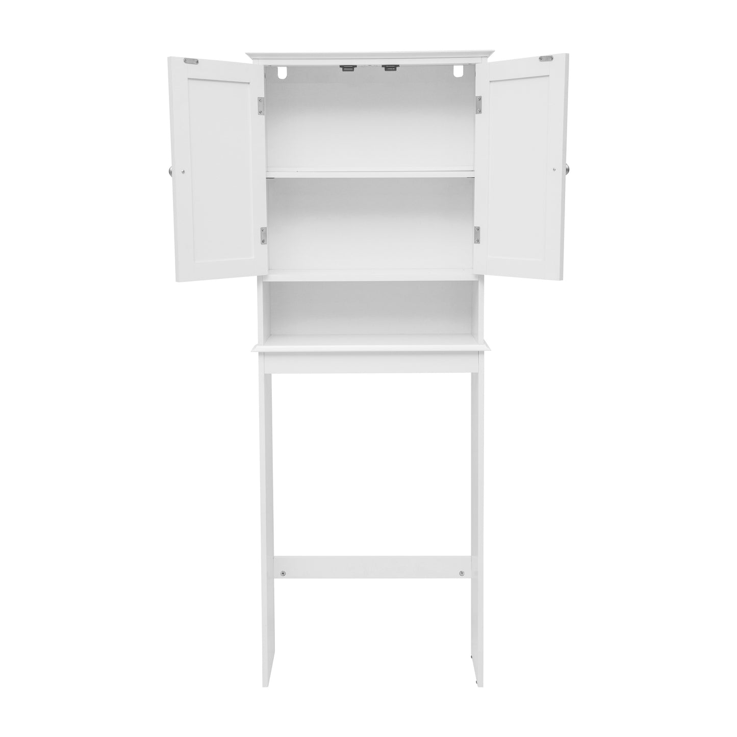 Dune Farmhouse Over the Toilet Shelf Cabinet, Magnetic Close Doors, Adjustable In-Cabinet Shelf, Lower Open Shelf, Metal Handles and Hinges, White White