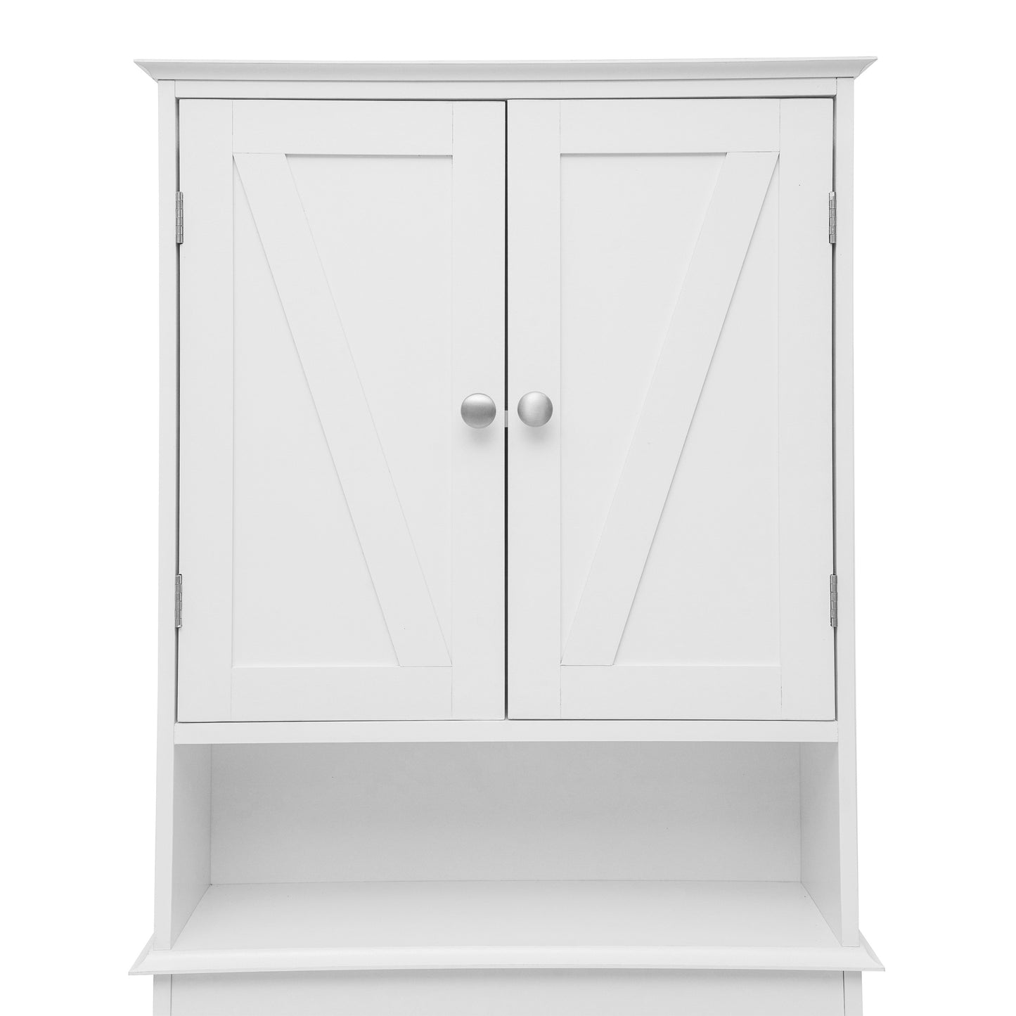 Dune Farmhouse Over the Toilet Shelf Cabinet, Magnetic Close Doors, Adjustable In-Cabinet Shelf, Lower Open Shelf, Metal Handles and Hinges, White White