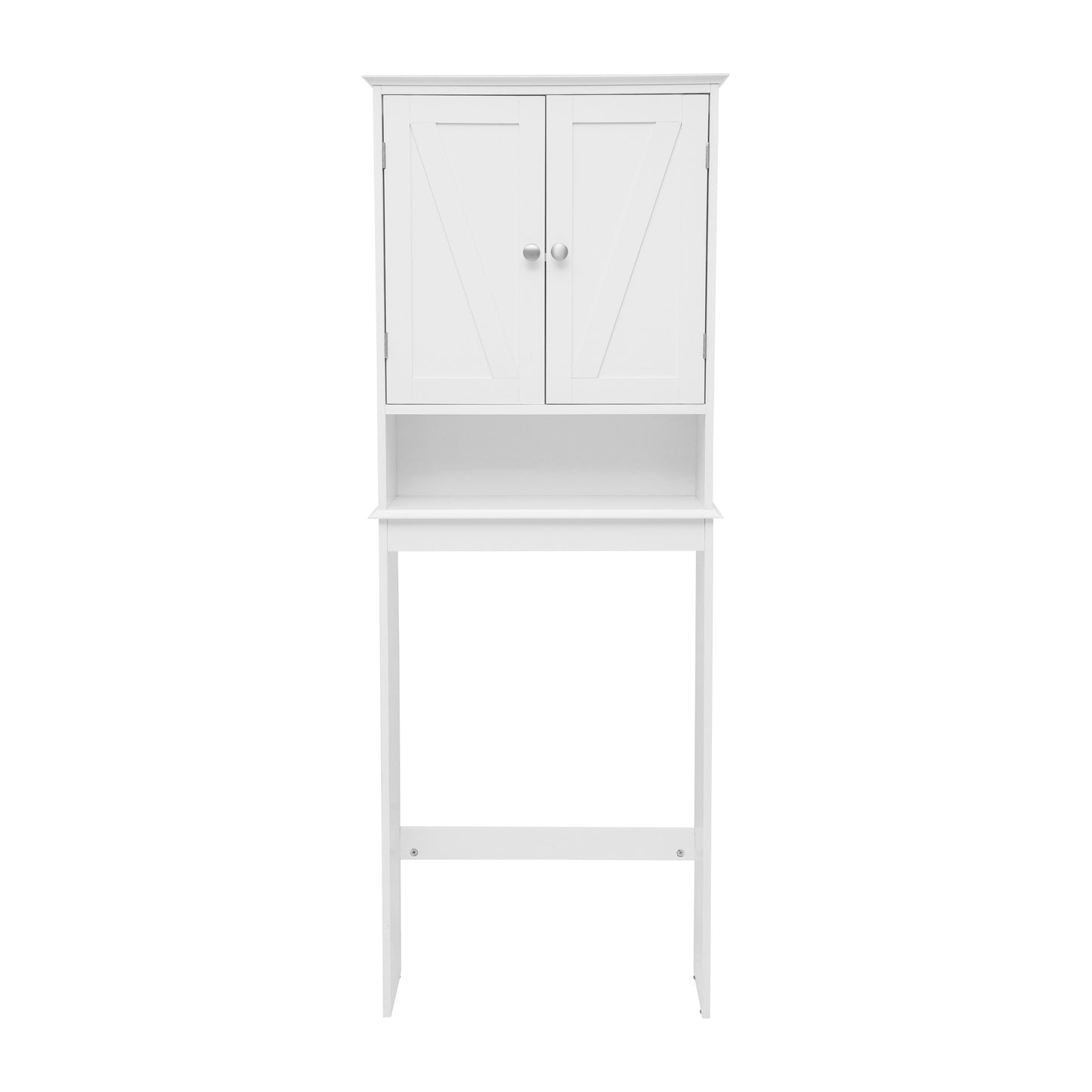 Dune Farmhouse Over the Toilet Shelf Cabinet, Magnetic Close Doors, Adjustable In-Cabinet Shelf, Lower Open Shelf, Metal Handles and Hinges, White White