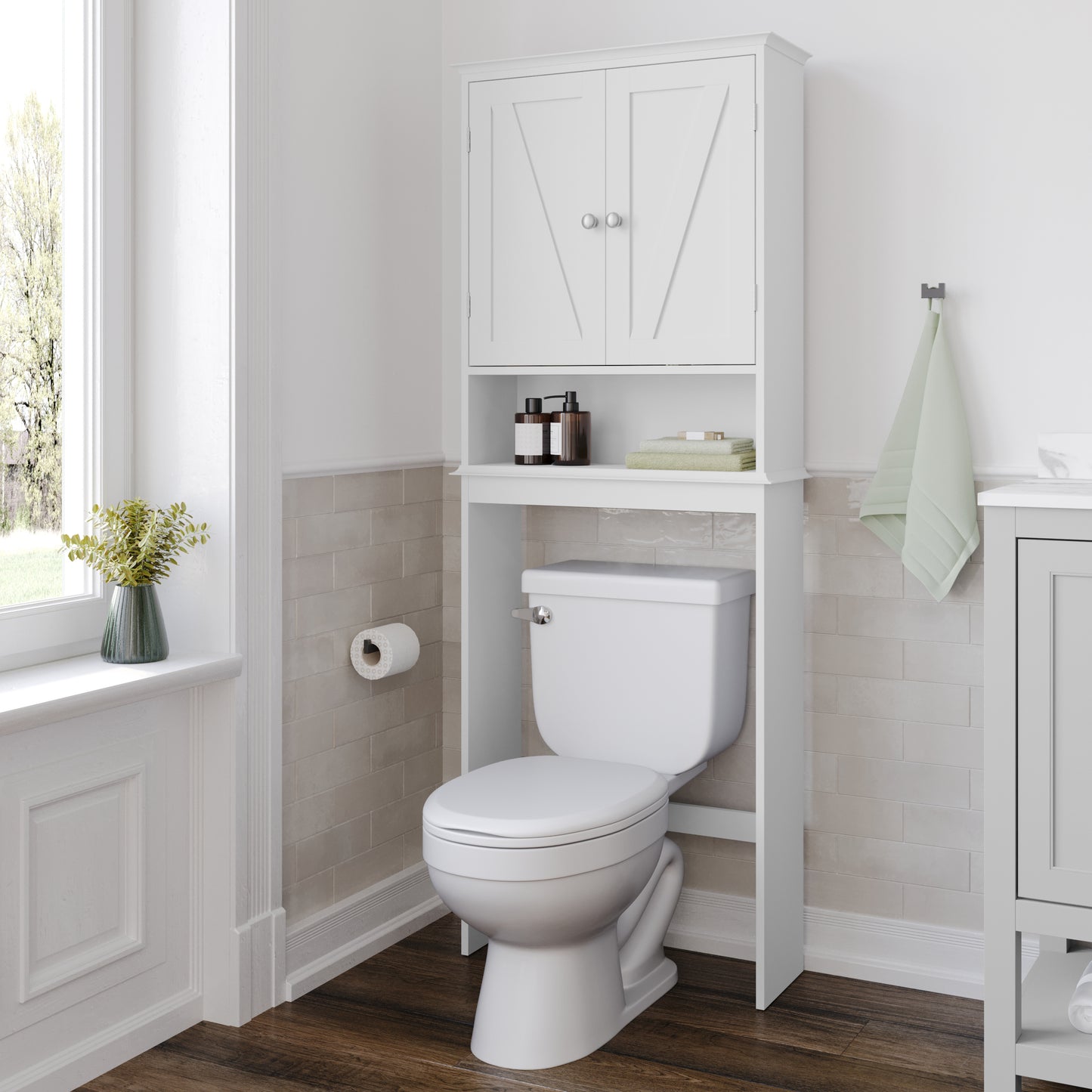 Dune Farmhouse Over the Toilet Shelf Cabinet, Magnetic Close Doors, Adjustable In-Cabinet Shelf, Lower Open Shelf, Metal Handles and Hinges, White White