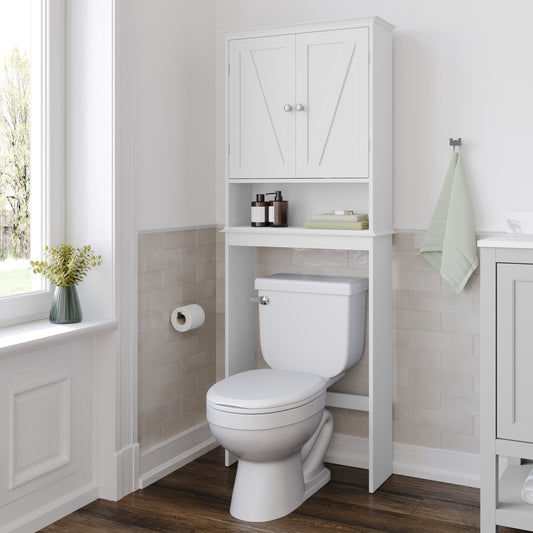 Dune Farmhouse Over the Toilet Shelf Cabinet, Magnetic Close Doors, Adjustable In-Cabinet Shelf, Lower Open Shelf, Metal Handles and Hinges, White White