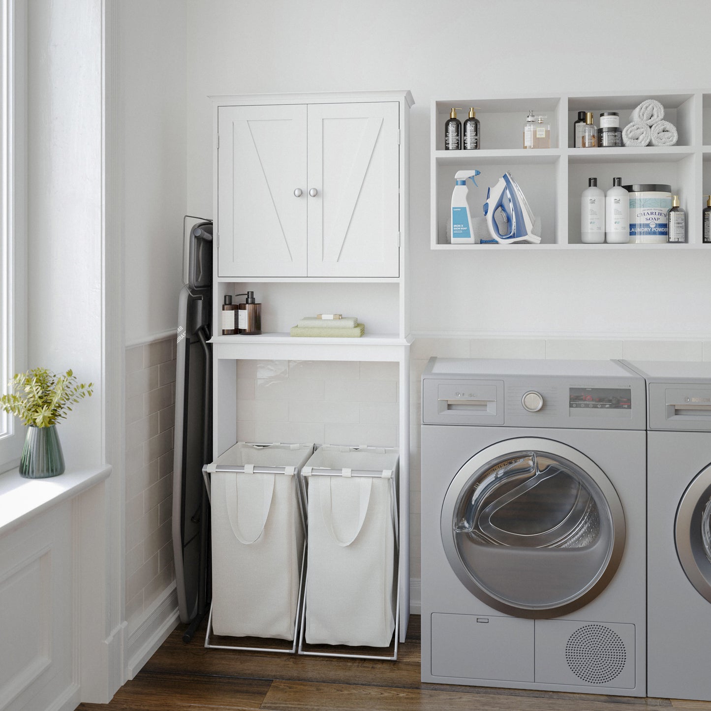 Dune Farmhouse Over the Toilet Shelf Cabinet, Magnetic Close Doors, Adjustable In-Cabinet Shelf, Lower Open Shelf, Metal Handles and Hinges, White White
