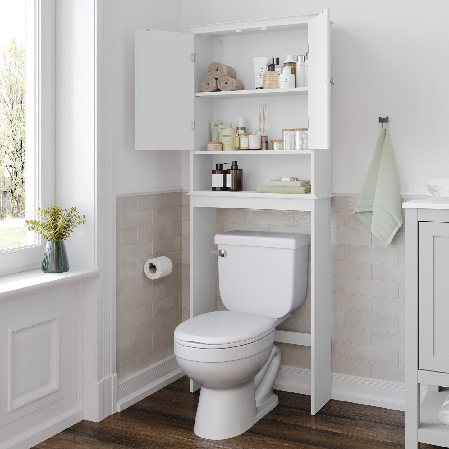 Dune Farmhouse Over the Toilet Shelf Cabinet, Magnetic Close Doors, Adjustable In-Cabinet Shelf, Lower Open Shelf, Metal Handles and Hinges, White White