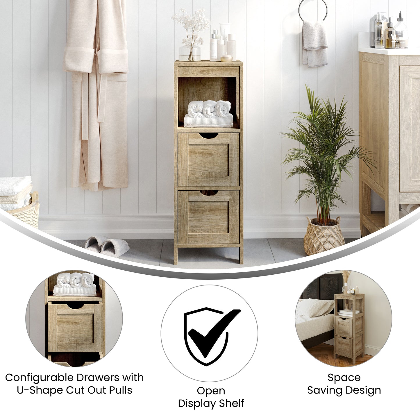 Dune Farmhouse Bathroom Storage Organizer with Two Removable Drawers and Open Display Shelf in Brown Brown