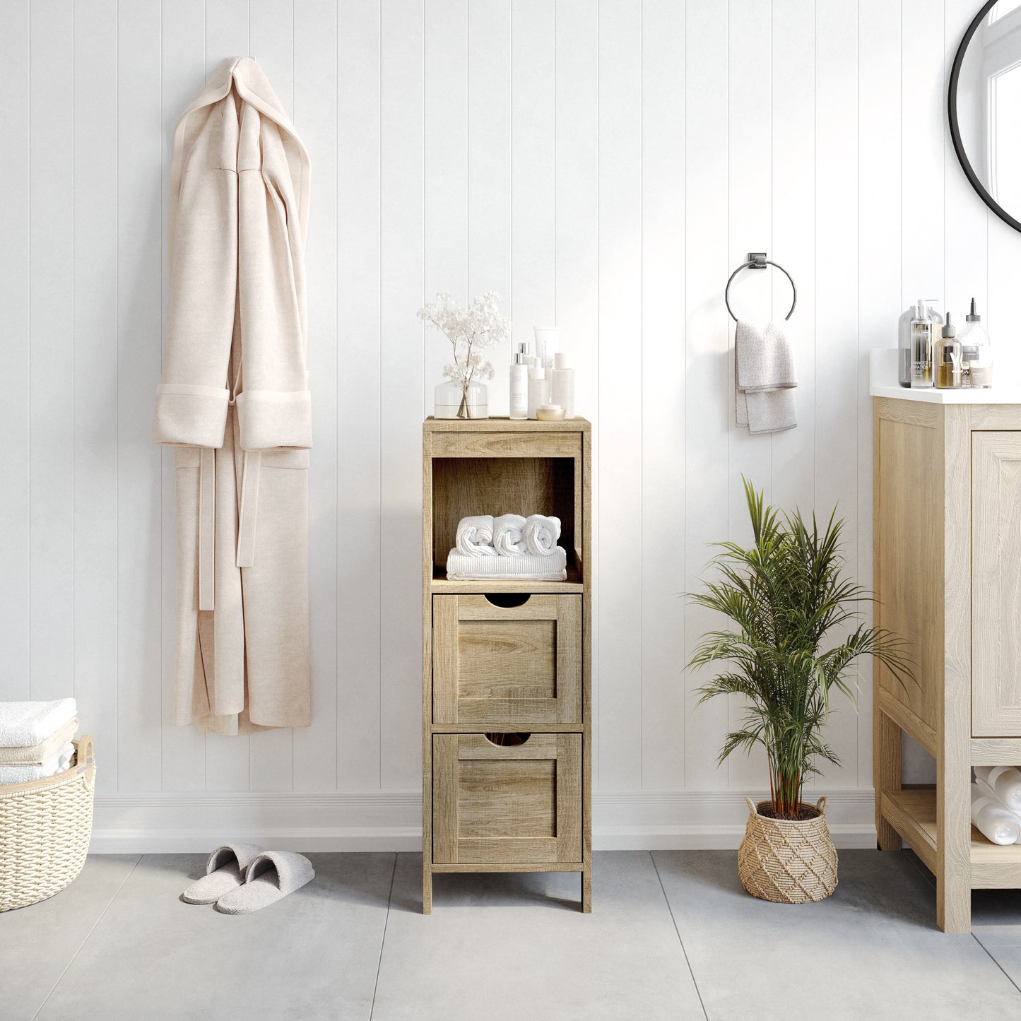 Dune Farmhouse Bathroom Storage Organizer with Two Removable Drawers and Open Display Shelf in Brown Brown