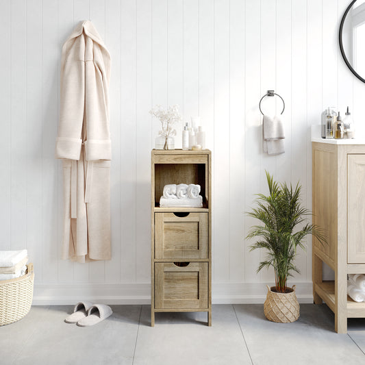 Dune Farmhouse Bathroom Storage Organizer with Two Removable Drawers and Open Display Shelf in Brown Brown