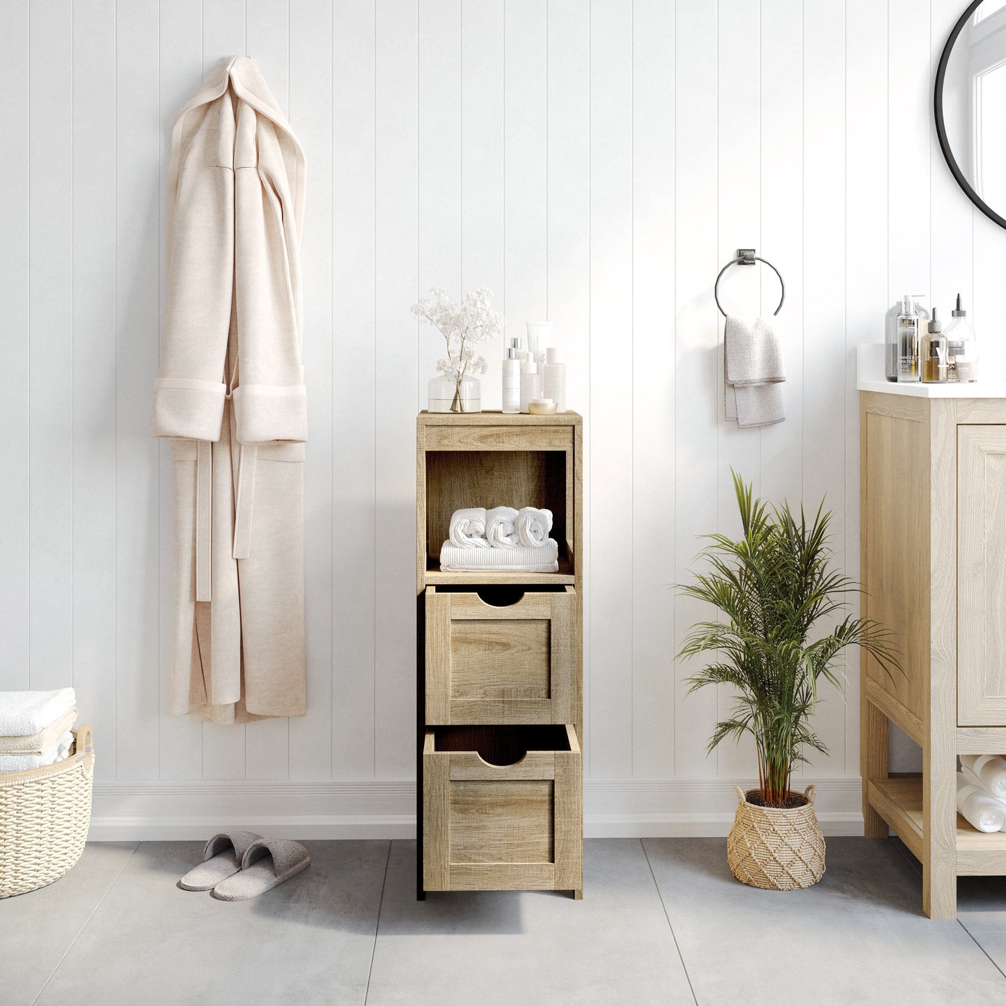 Dune Farmhouse Bathroom Storage Organizer with Two Removable Drawers and Open Display Shelf in Brown Brown