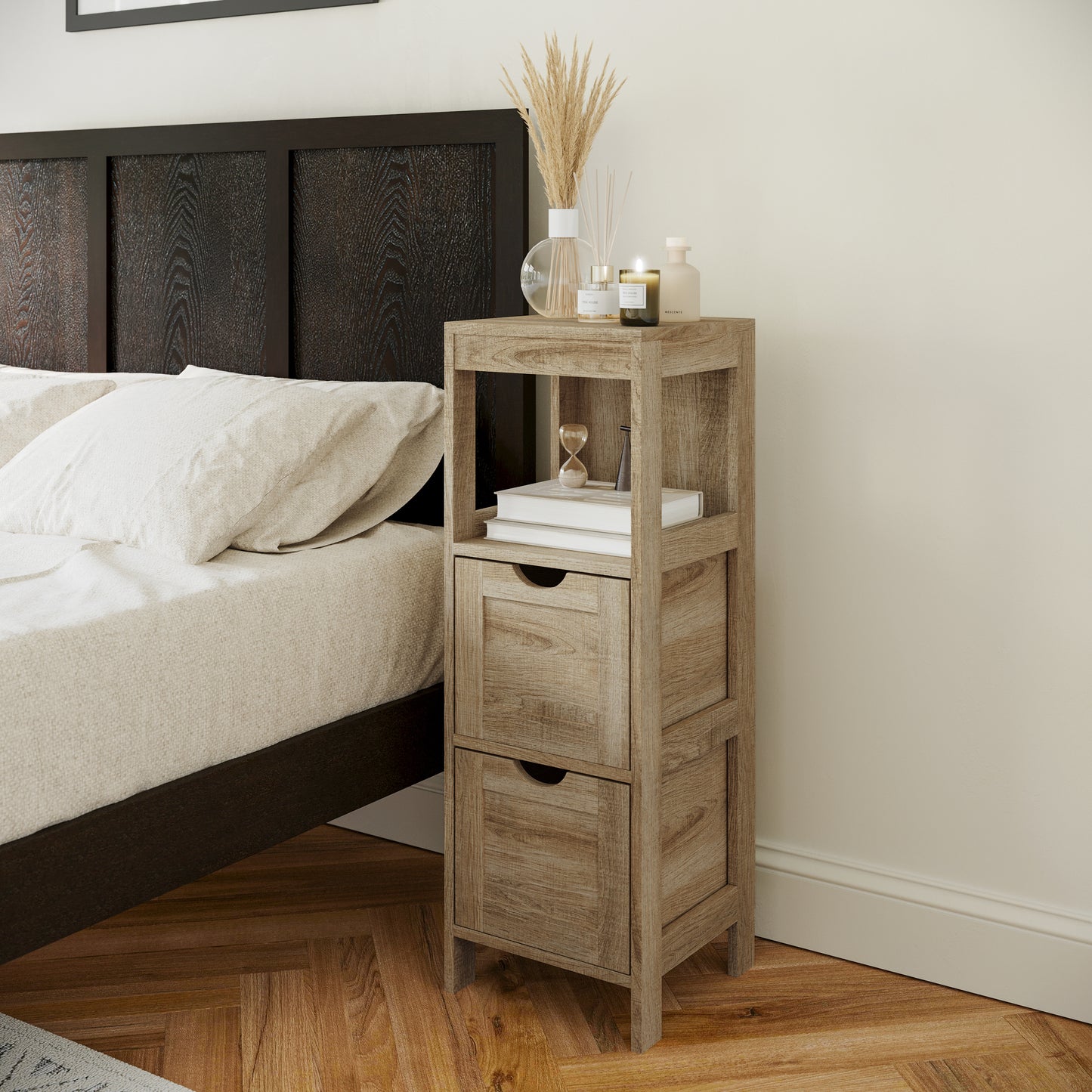 Dune Farmhouse Bathroom Storage Organizer with Two Removable Drawers and Open Display Shelf in Brown Brown