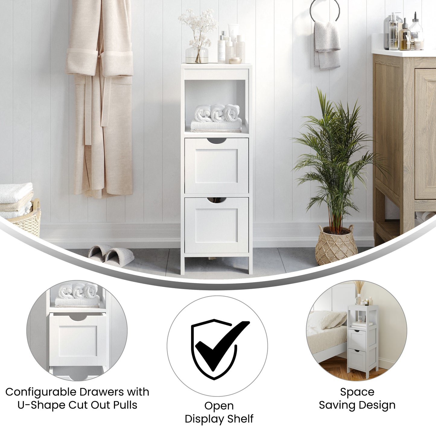 Dune Farmhouse Bathroom Storage Organizer with Two Removable Drawers and Open Display Shelf in White White