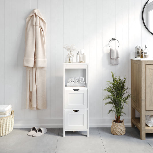Dune Farmhouse Bathroom Storage Organizer with Two Removable Drawers and Open Display Shelf in White White