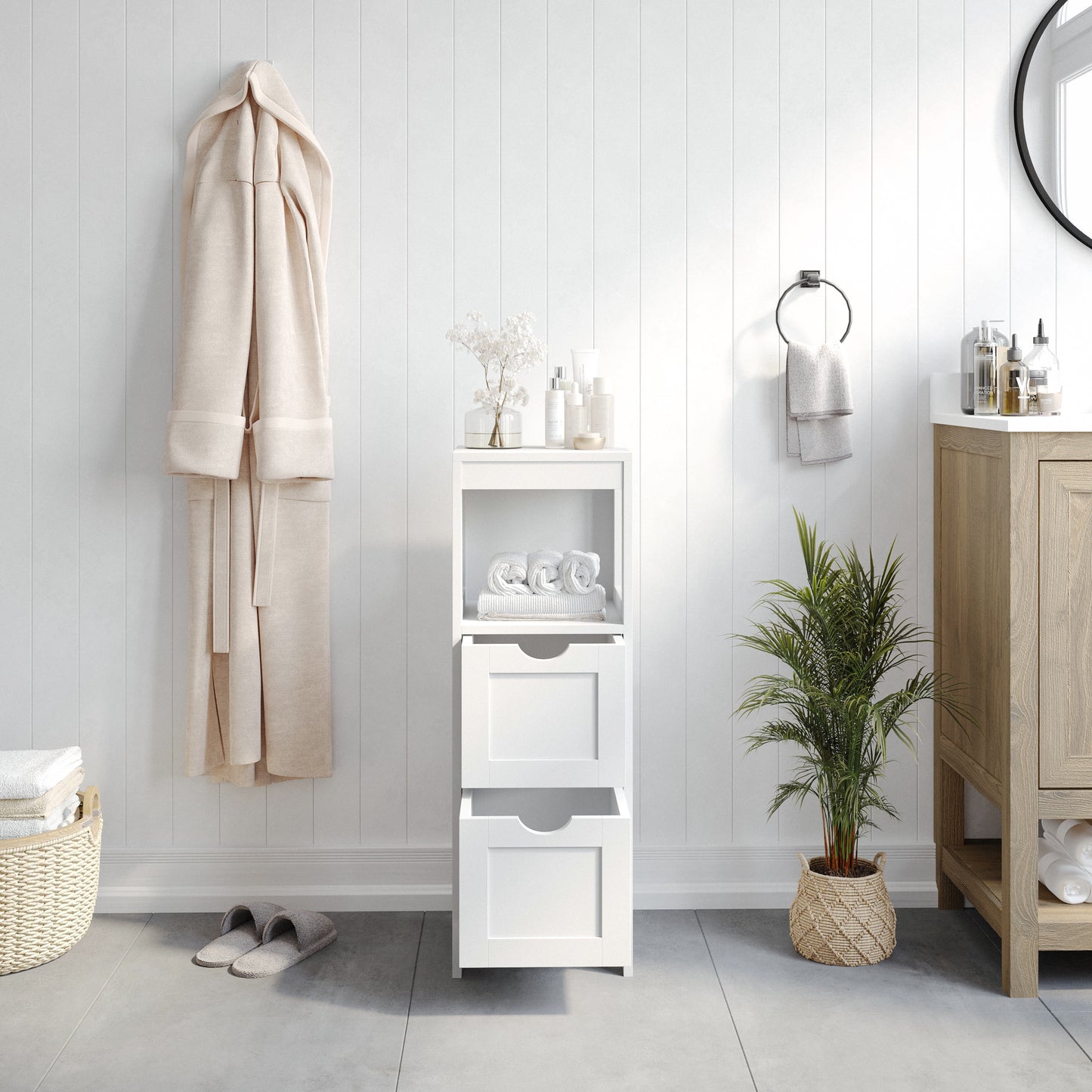 Dune Farmhouse Bathroom Storage Organizer with Two Removable Drawers and Open Display Shelf in White White