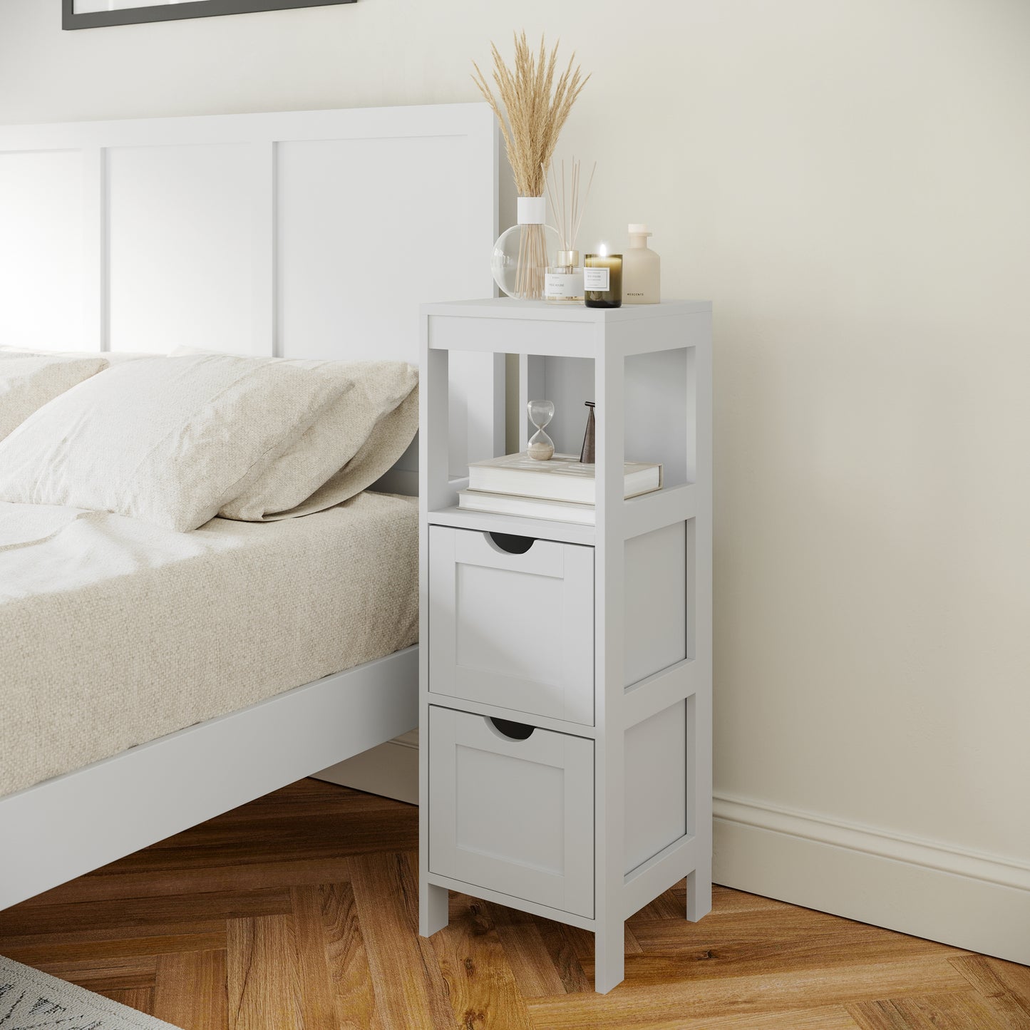 Dune Farmhouse Bathroom Storage Organizer with Two Removable Drawers and Open Display Shelf in White White