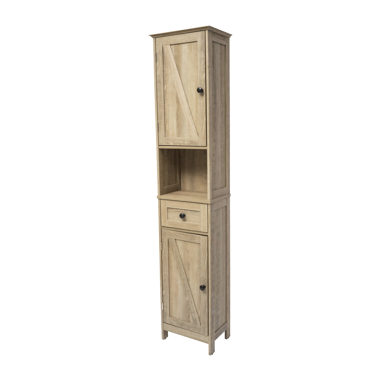 Dune Farmhouse Freestanding Bathroom Linen Tower Storage Cabinet with Magnetic Close Doors, 2 Adjustable Shelves, Open Display Shelf, Drawer in Brown Brown