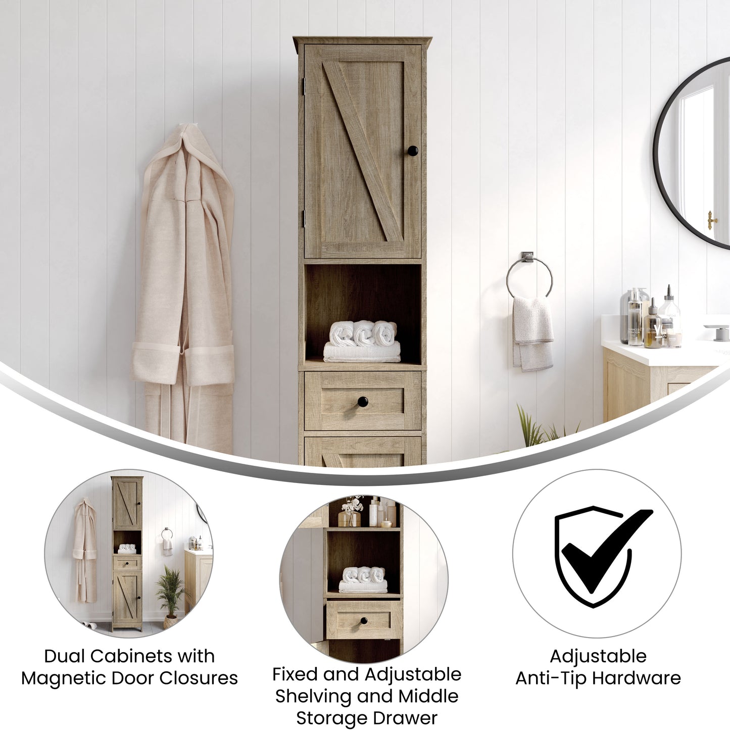 Dune Farmhouse Freestanding Bathroom Linen Tower Storage Cabinet with Magnetic Close Doors, 2 Adjustable Shelves, Open Display Shelf, Drawer in Brown Brown