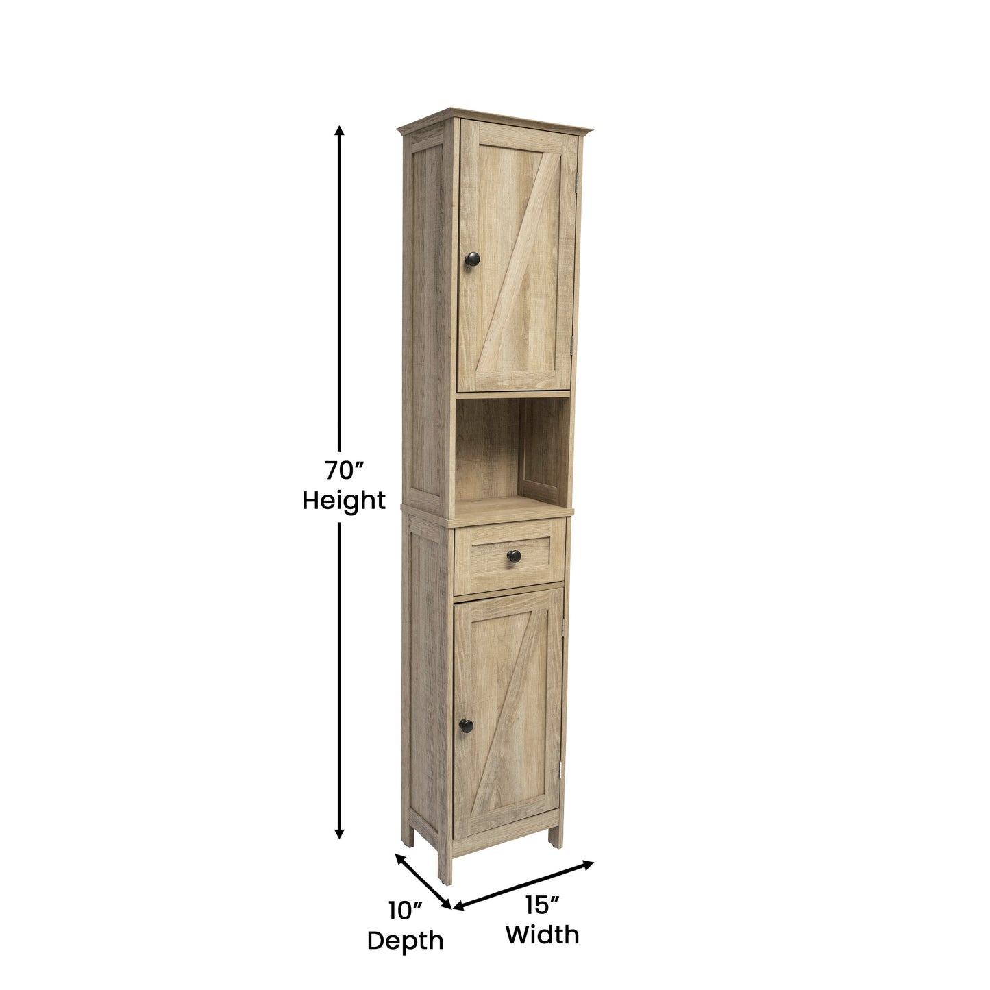 Dune Farmhouse Freestanding Bathroom Linen Tower Storage Cabinet with Magnetic Close Doors, 2 Adjustable Shelves, Open Display Shelf, Drawer in Brown Brown