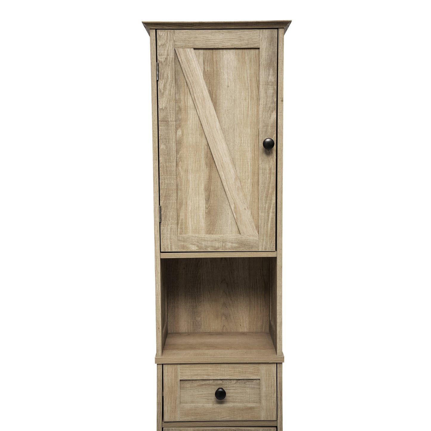 Dune Farmhouse Freestanding Bathroom Linen Tower Storage Cabinet with Magnetic Close Doors, 2 Adjustable Shelves, Open Display Shelf, Drawer in Brown Brown