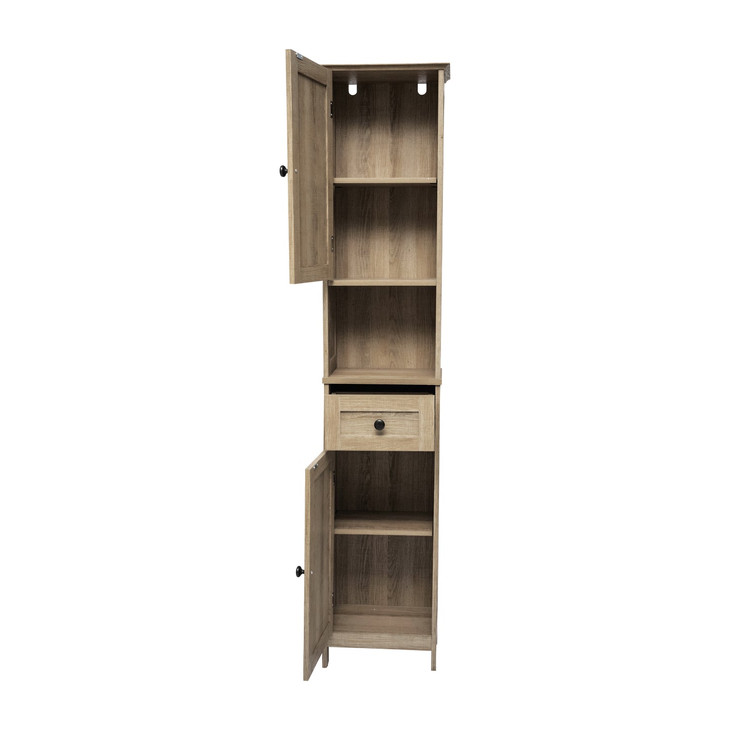 Dune Farmhouse Freestanding Bathroom Linen Tower Storage Cabinet with Magnetic Close Doors, 2 Adjustable Shelves, Open Display Shelf, Drawer in Brown Brown