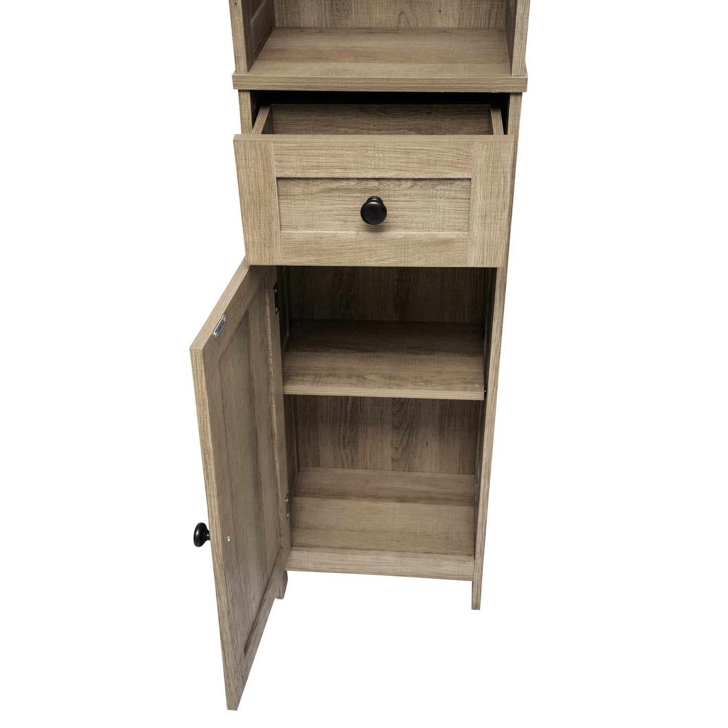 Dune Farmhouse Freestanding Bathroom Linen Tower Storage Cabinet with Magnetic Close Doors, 2 Adjustable Shelves, Open Display Shelf, Drawer in Brown Brown