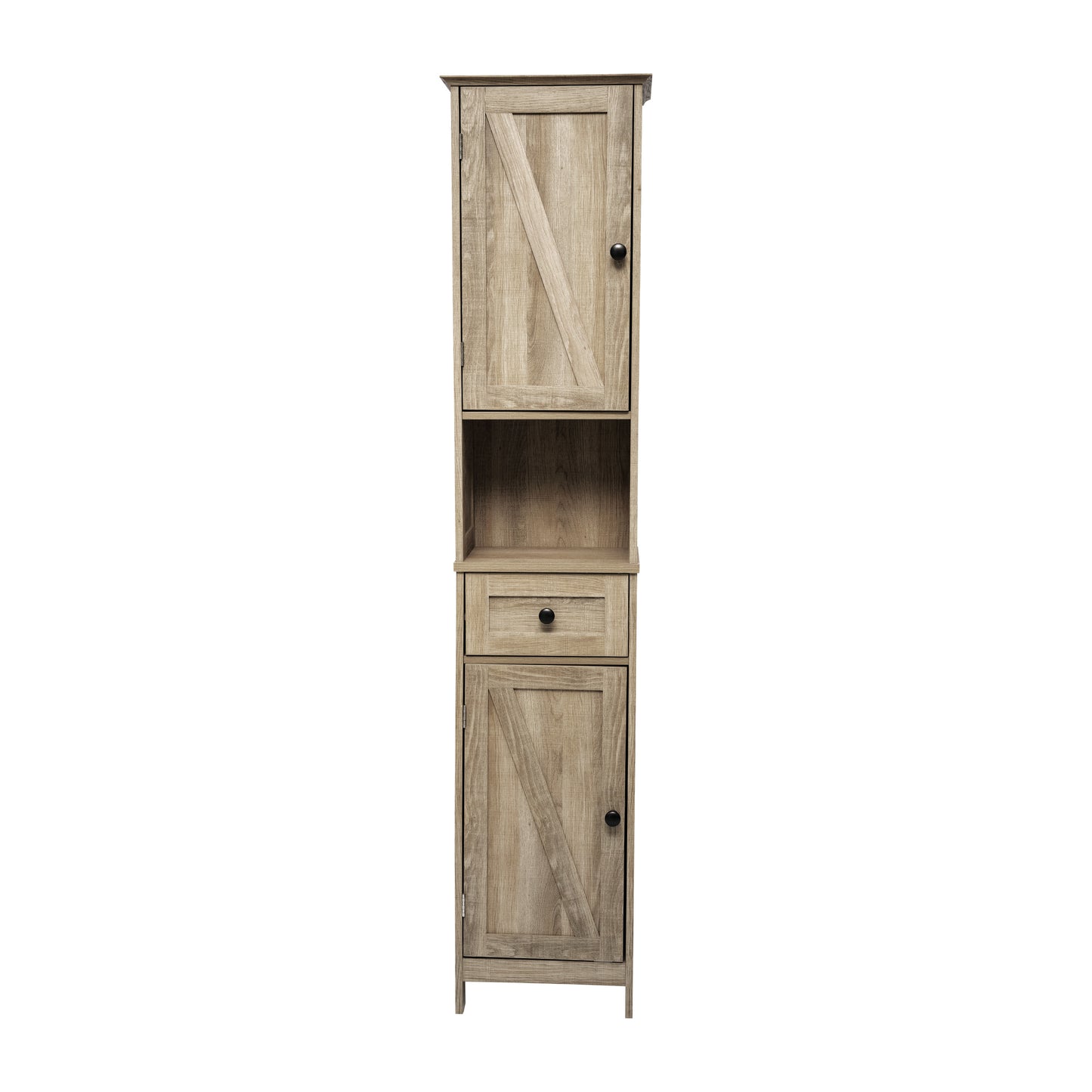 Dune Farmhouse Freestanding Bathroom Linen Tower Storage Cabinet with Magnetic Close Doors, 2 Adjustable Shelves, Open Display Shelf, Drawer in Brown Brown