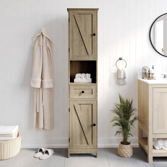 Dune Farmhouse Freestanding Bathroom Linen Tower Storage Cabinet with Magnetic Close Doors, 2 Adjustable Shelves, Open Display Shelf, Drawer in Brown Brown FS-BATH-6-BR-GG