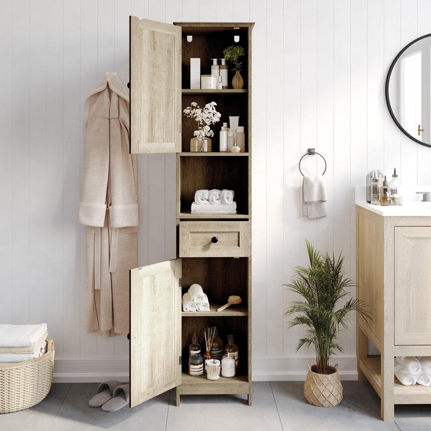 Dune Farmhouse Freestanding Bathroom Linen Tower Storage Cabinet with Magnetic Close Doors, 2 Adjustable Shelves, Open Display Shelf, Drawer in Brown Brown