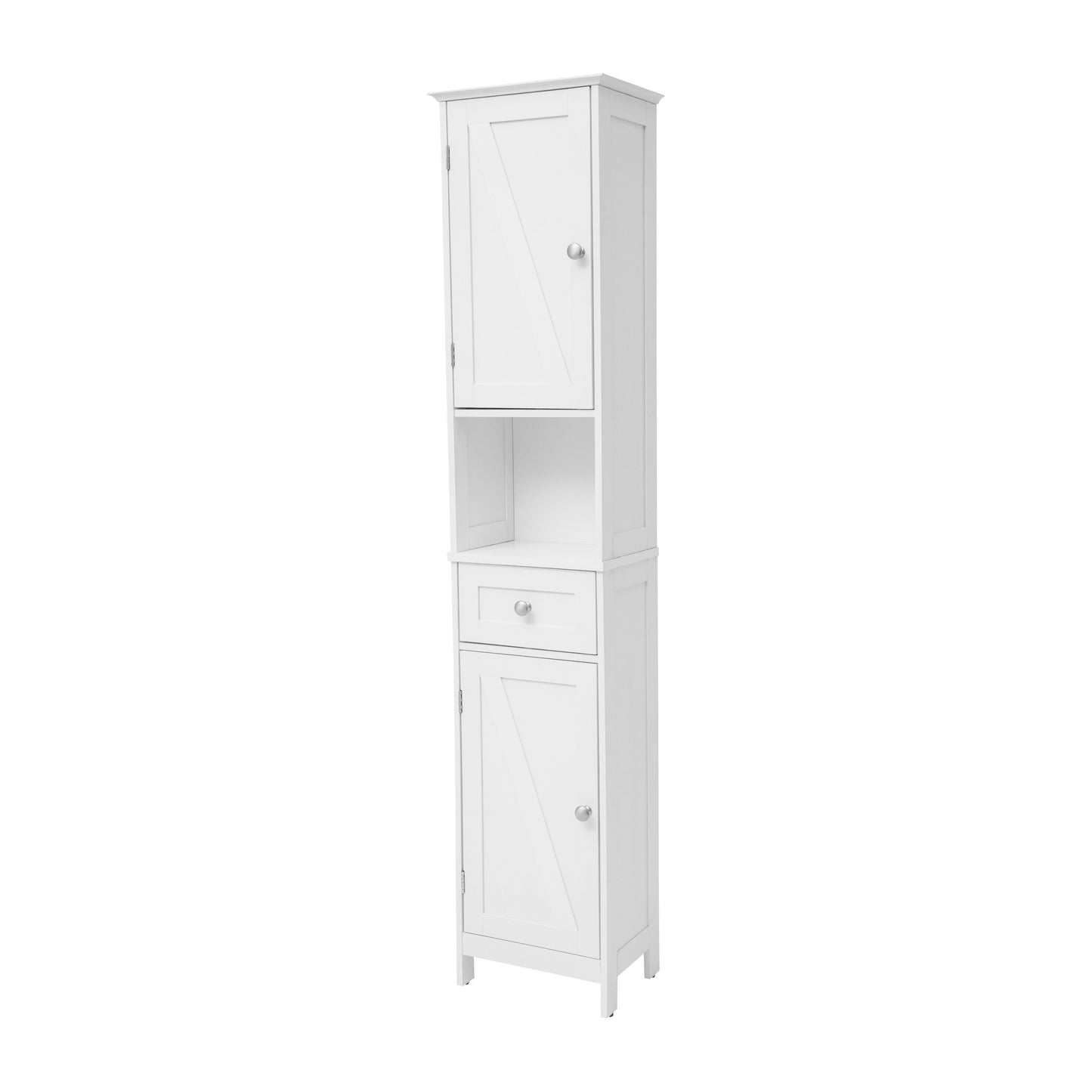 Dune Farmhouse Freestanding Bathroom Linen Tower Storage Cabinet with Magnetic Close Doors, 2 Adjustable Shelves, Open Display Shelf, Drawer in White White