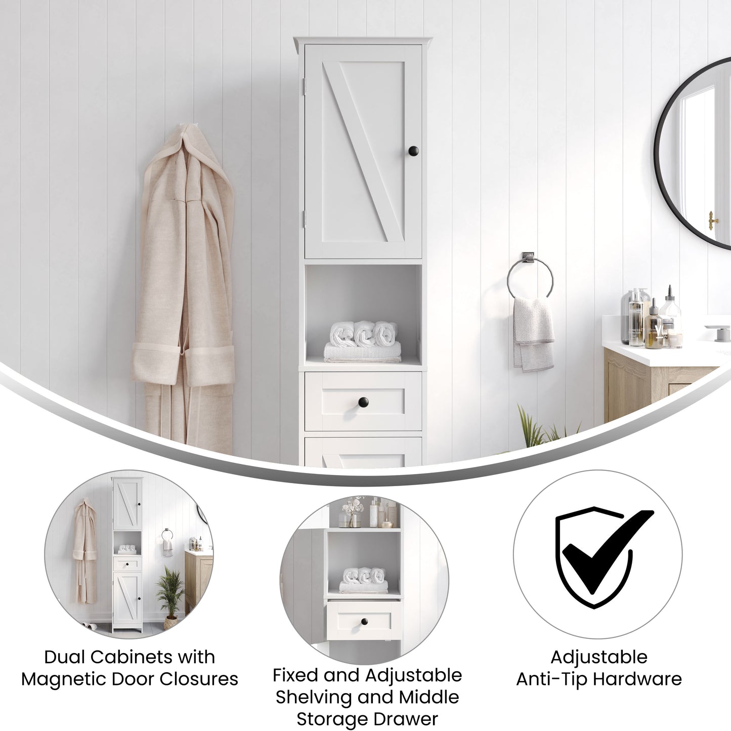 Dune Farmhouse Freestanding Bathroom Linen Tower Storage Cabinet with Magnetic Close Doors, 2 Adjustable Shelves, Open Display Shelf, Drawer in White White