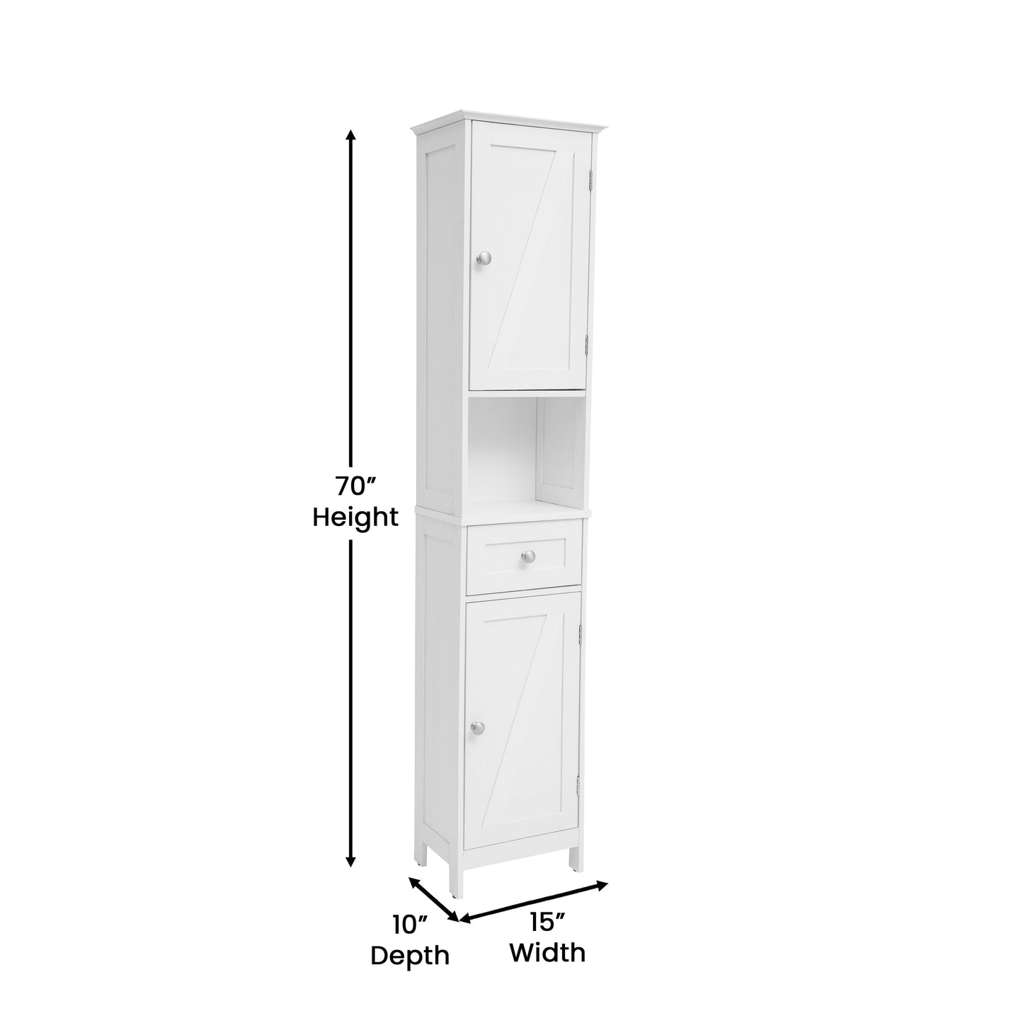 Dune Farmhouse Freestanding Bathroom Linen Tower Storage Cabinet with Magnetic Close Doors, 2 Adjustable Shelves, Open Display Shelf, Drawer in White White