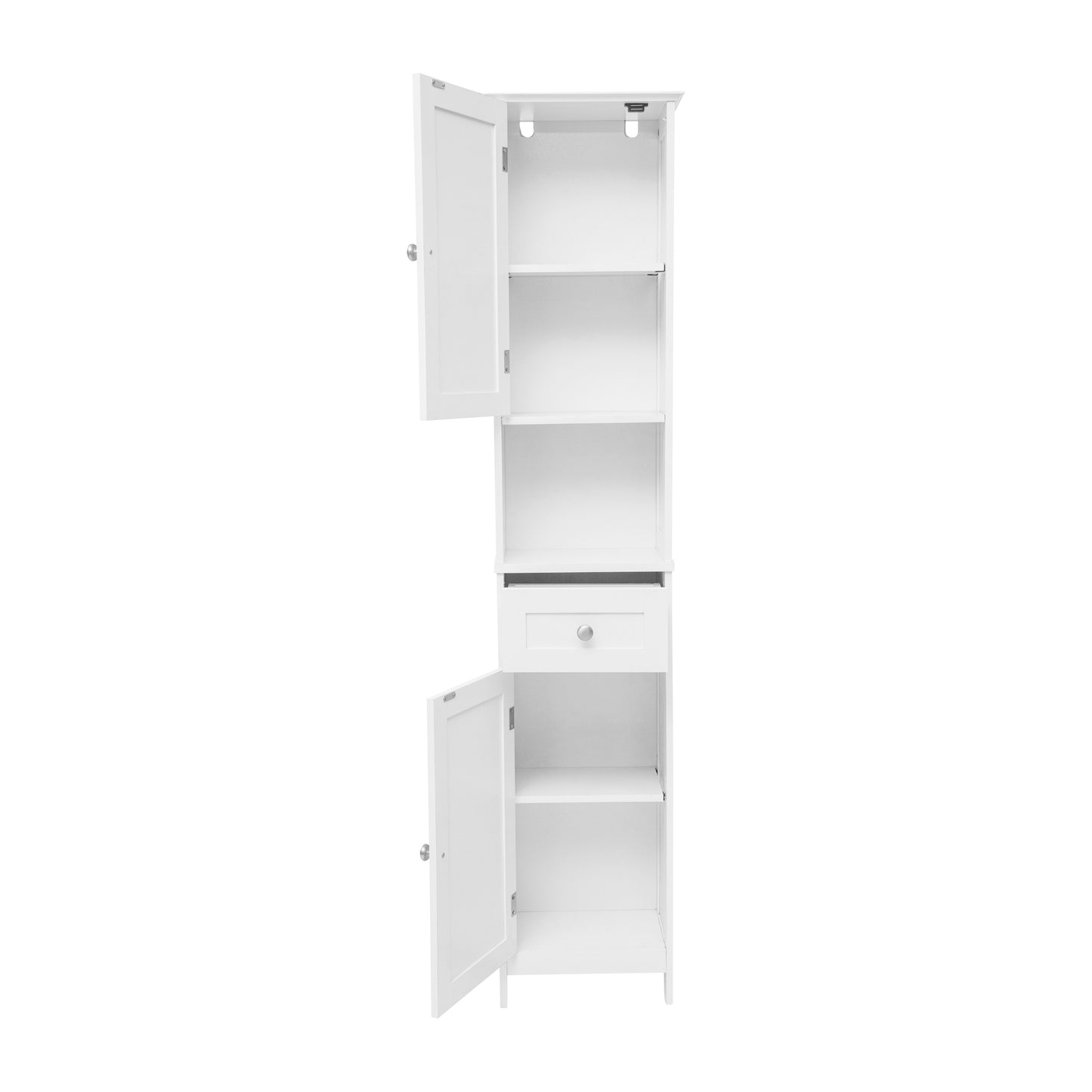 Dune Farmhouse Freestanding Bathroom Linen Tower Storage Cabinet with Magnetic Close Doors, 2 Adjustable Shelves, Open Display Shelf, Drawer in White White