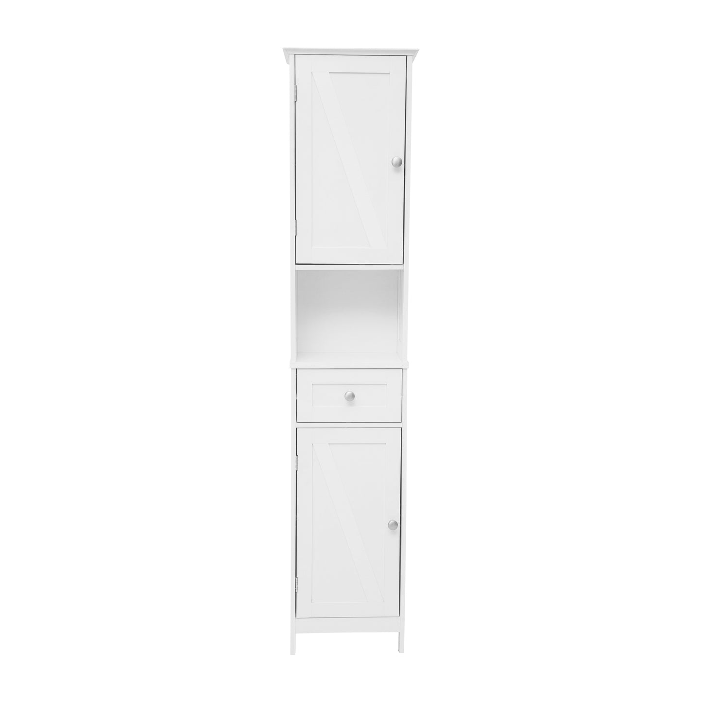 Dune Farmhouse Freestanding Bathroom Linen Tower Storage Cabinet with Magnetic Close Doors, 2 Adjustable Shelves, Open Display Shelf, Drawer in White White