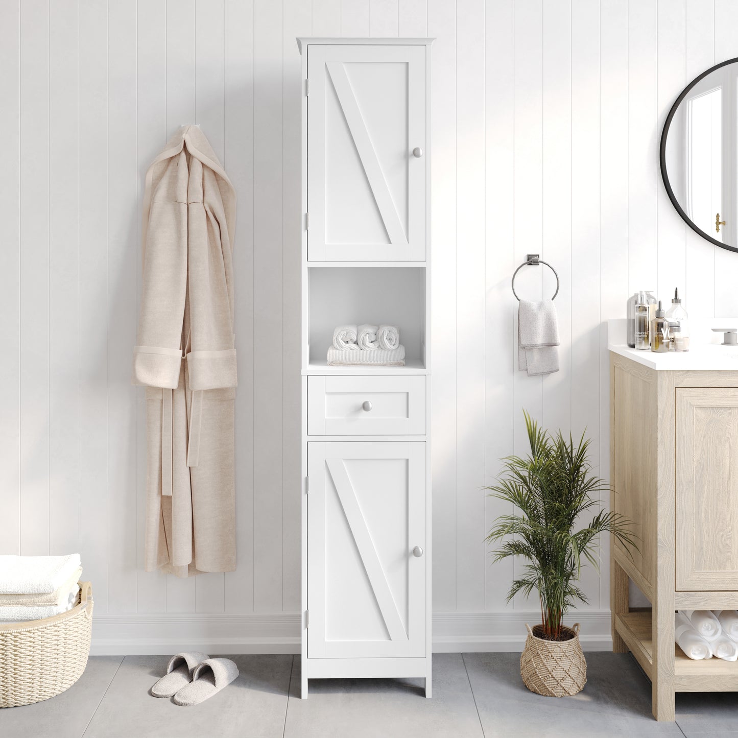 Dune Farmhouse Freestanding Bathroom Linen Tower Storage Cabinet with Magnetic Close Doors, 2 Adjustable Shelves, Open Display Shelf, Drawer in White White