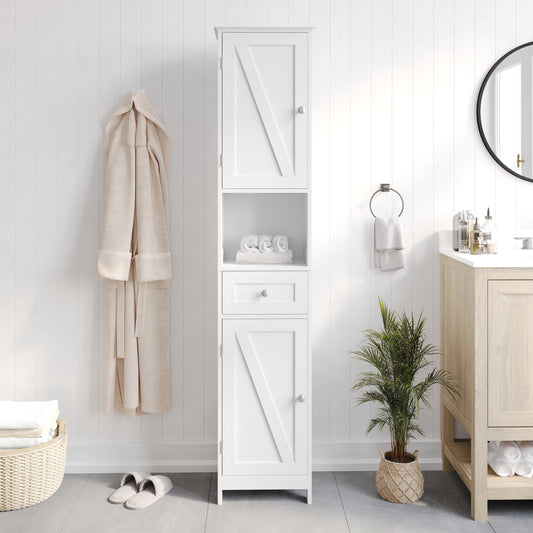 Dune Farmhouse Freestanding Bathroom Linen Tower Storage Cabinet with Magnetic Close Doors, 2 Adjustable Shelves, Open Display Shelf, Drawer in White White FS-BATH-6-WH-GG