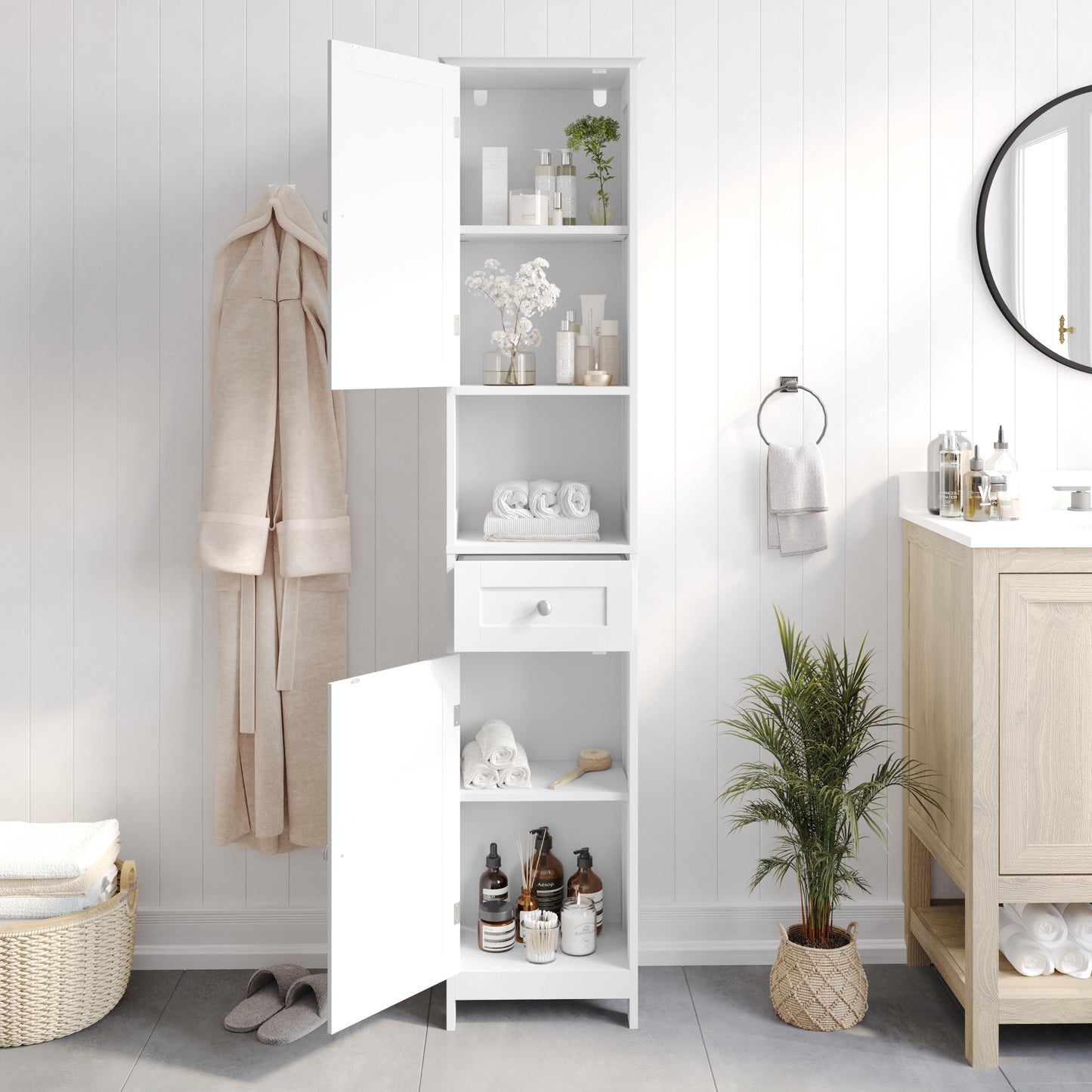 Dune Farmhouse Freestanding Bathroom Linen Tower Storage Cabinet with Magnetic Close Doors, 2 Adjustable Shelves, Open Display Shelf, Drawer in White White