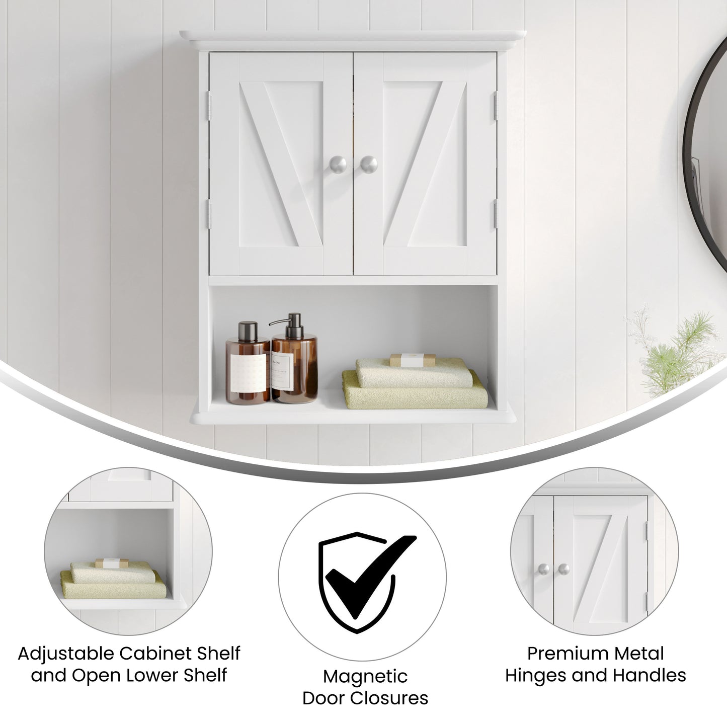 Dune Farmhouse Wall Mounted Bathroom Medicine Cabinet Storage Organizer with 2 Magnetic Closure Doors, Adjustable Shelf, and Lower Open Shelf in White White