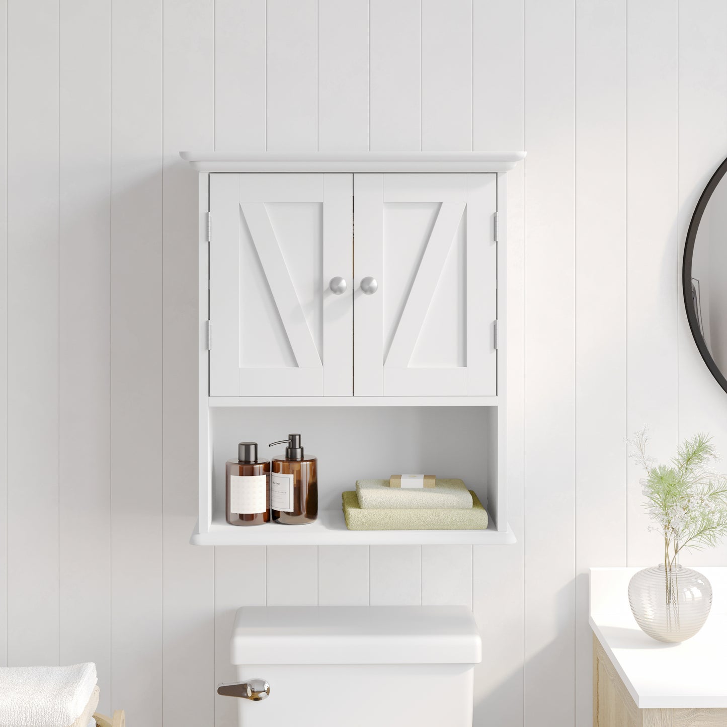 Dune Farmhouse Wall Mounted Bathroom Medicine Cabinet Storage Organizer with 2 Magnetic Closure Doors, Adjustable Shelf, and Lower Open Shelf in White White