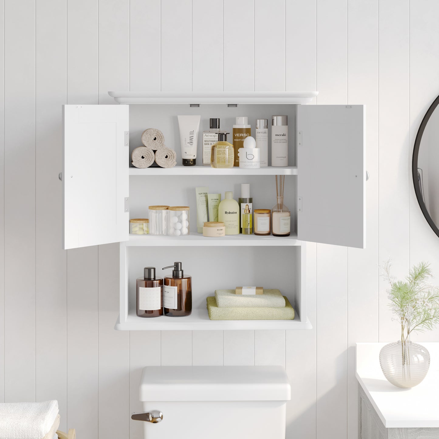 Dune Farmhouse Wall Mounted Bathroom Medicine Cabinet Storage Organizer with 2 Magnetic Closure Doors, Adjustable Shelf, and Lower Open Shelf in White White