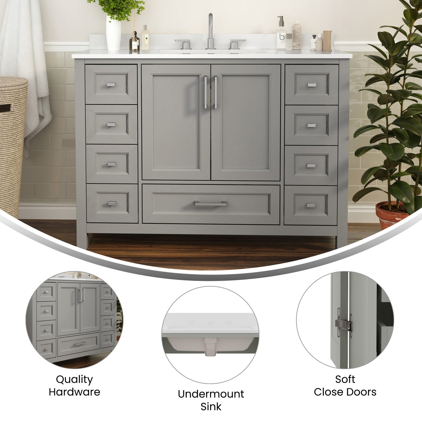 Vega 48 Inch Bathroom Vanity with Sink, Storage Cabinet with Soft Close Doors, and 9 Drawers, Carrara Marble Finish Countertop, Gray Gray