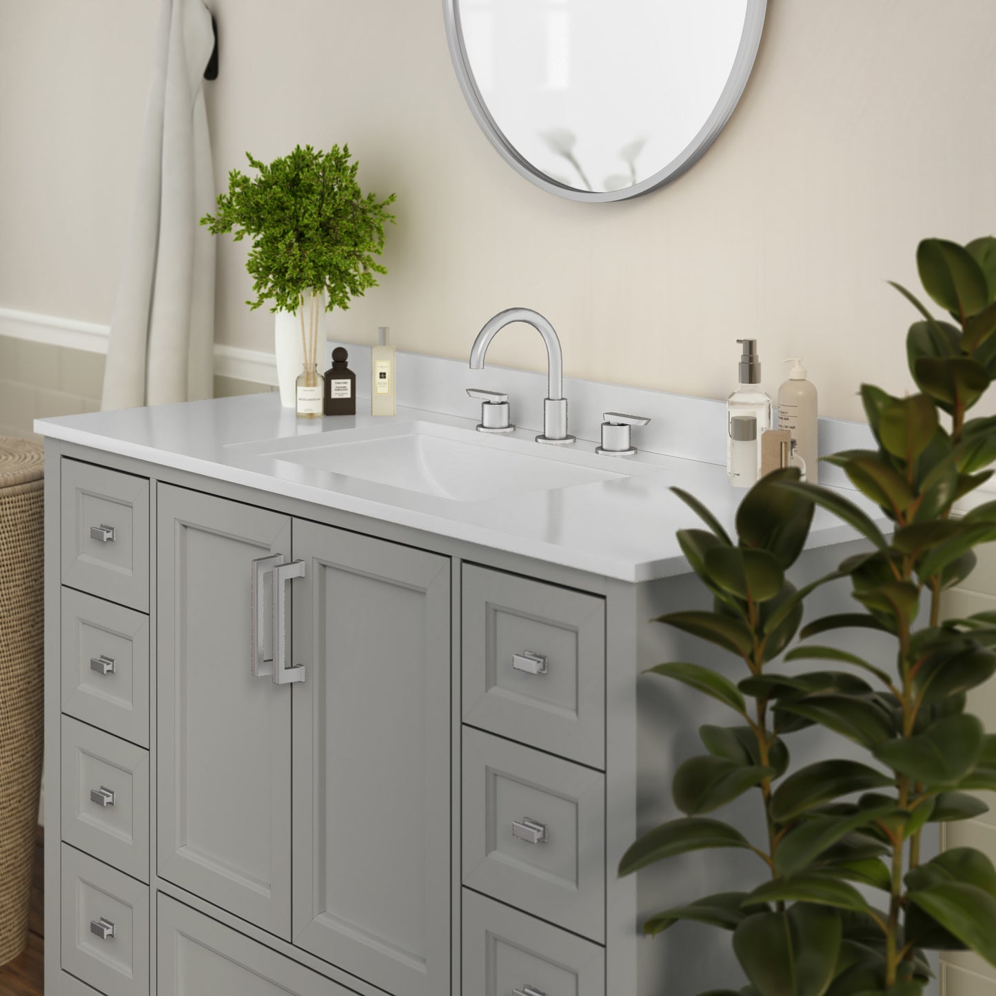 Vega 48 Inch Bathroom Vanity with Sink, Storage Cabinet with Soft Close Doors, and 9 Drawers, Carrara Marble Finish Countertop, Gray Gray