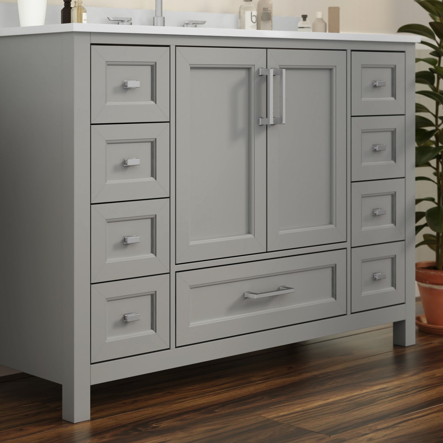 Vega 48 Inch Bathroom Vanity with Sink, Storage Cabinet with Soft Close Doors, and 9 Drawers, Carrara Marble Finish Countertop, Gray Gray