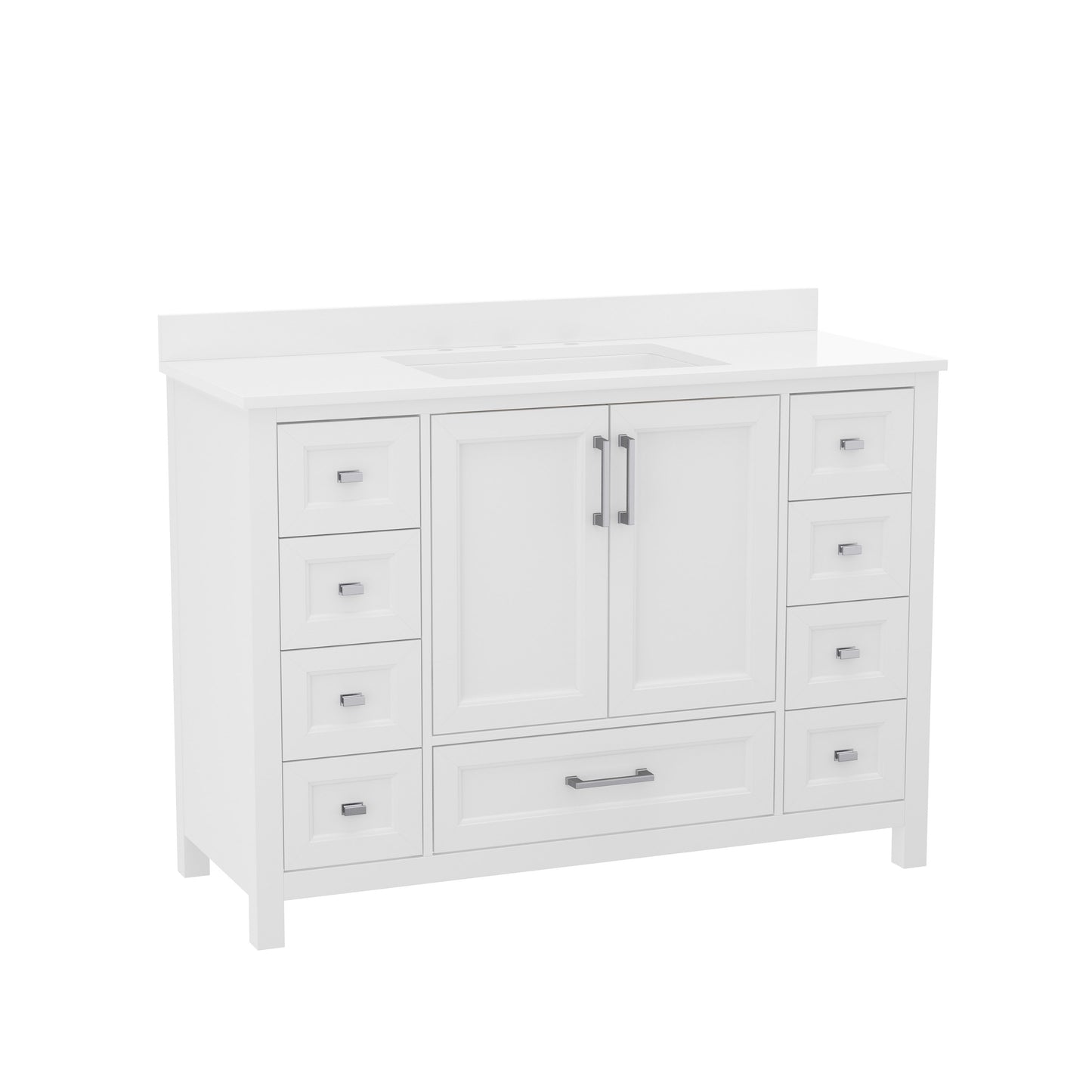 Vega 48 Inch Bathroom Vanity with Sink, Storage Cabinet with Soft Close Doors, and 9 Drawers, Carrara Marble Finish Countertop, White White