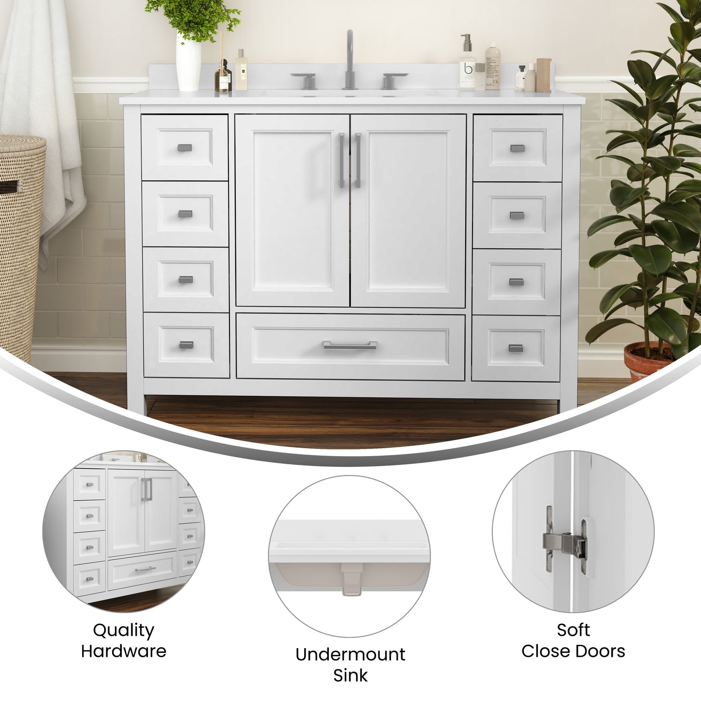 Vega 48 Inch Bathroom Vanity with Sink, Storage Cabinet with Soft Close Doors, and 9 Drawers, Carrara Marble Finish Countertop, White White