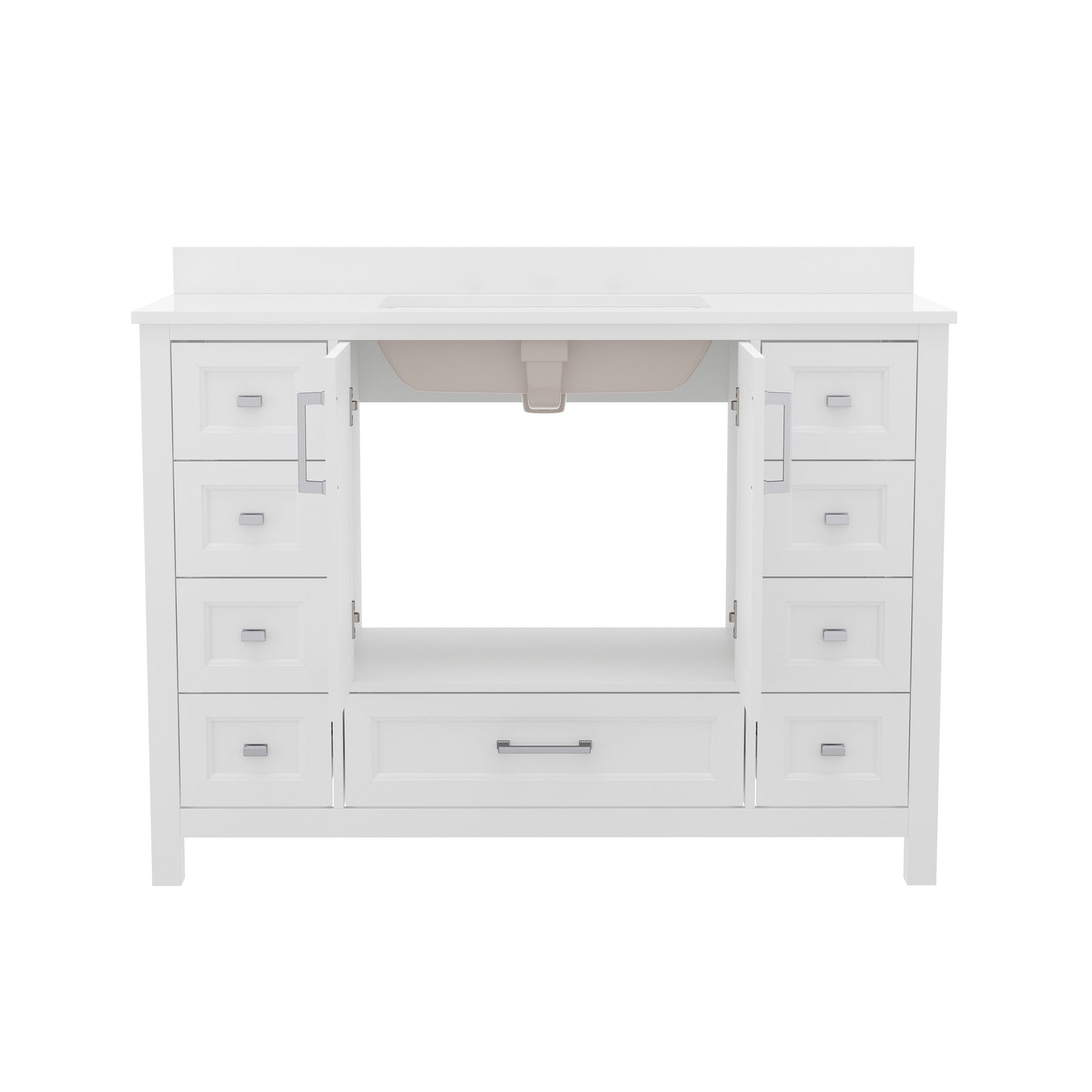 Vega 48 Inch Bathroom Vanity with Sink, Storage Cabinet with Soft Close Doors, and 9 Drawers, Carrara Marble Finish Countertop, White White