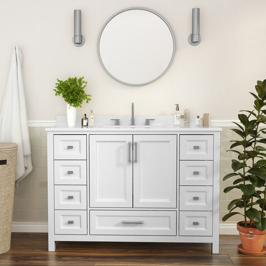 Vega 48 Inch Bathroom Vanity with Sink, Storage Cabinet with Soft Close Doors, and 9 Drawers, Carrara Marble Finish Countertop, White White FS-BN-2-48-WH-GG