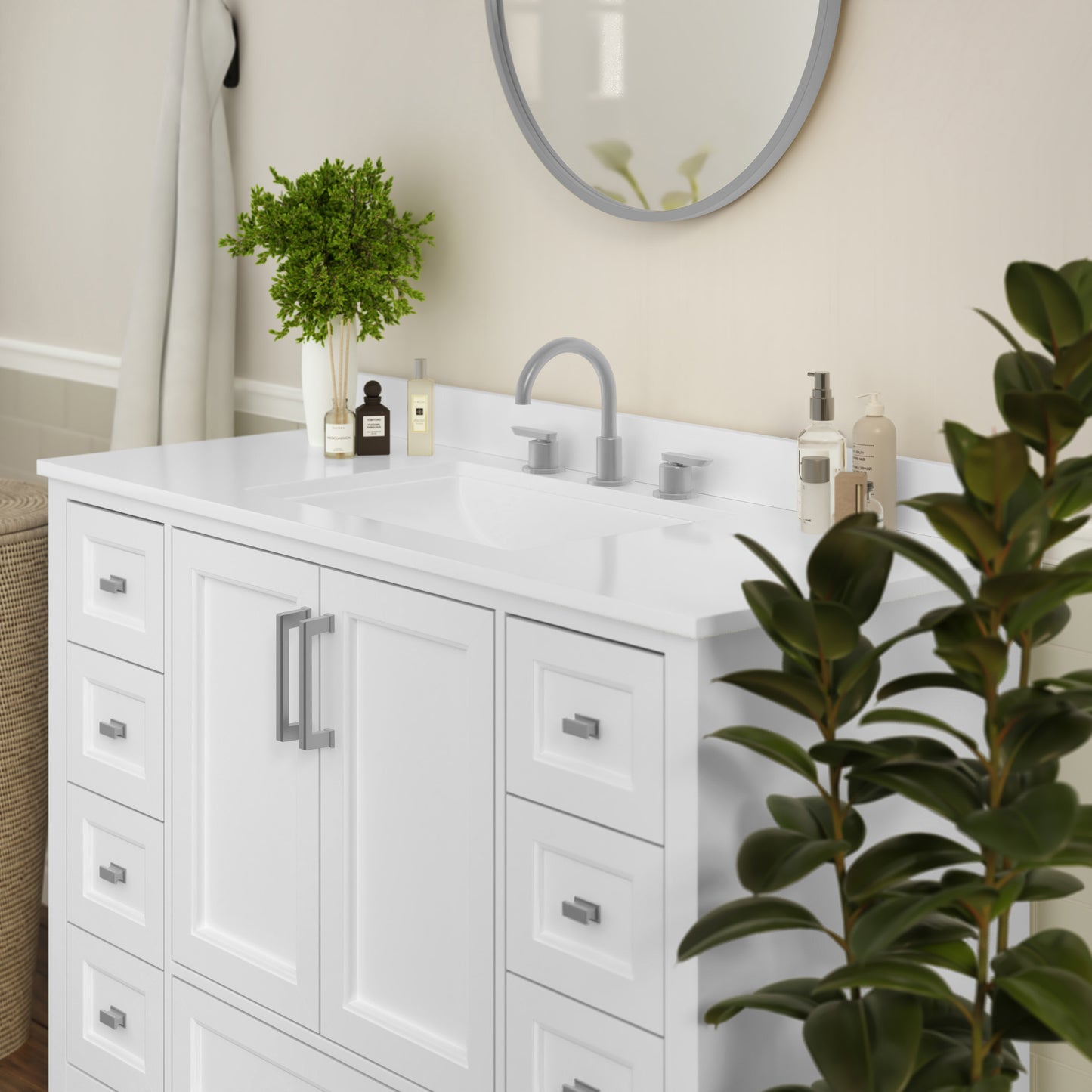 Vega 48 Inch Bathroom Vanity with Sink, Storage Cabinet with Soft Close Doors, and 9 Drawers, Carrara Marble Finish Countertop, White White