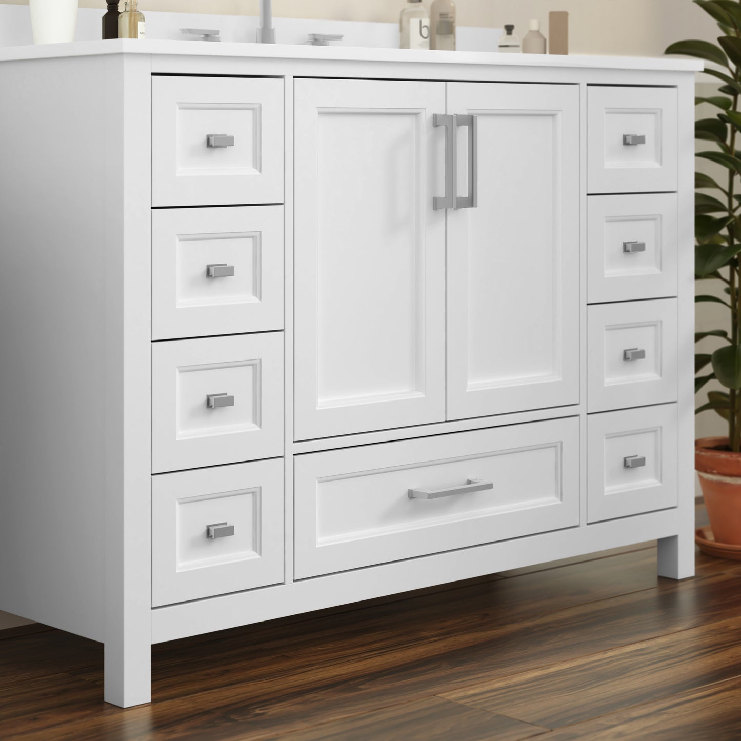 Vega 48 Inch Bathroom Vanity with Sink, Storage Cabinet with Soft Close Doors, and 9 Drawers, Carrara Marble Finish Countertop, White White