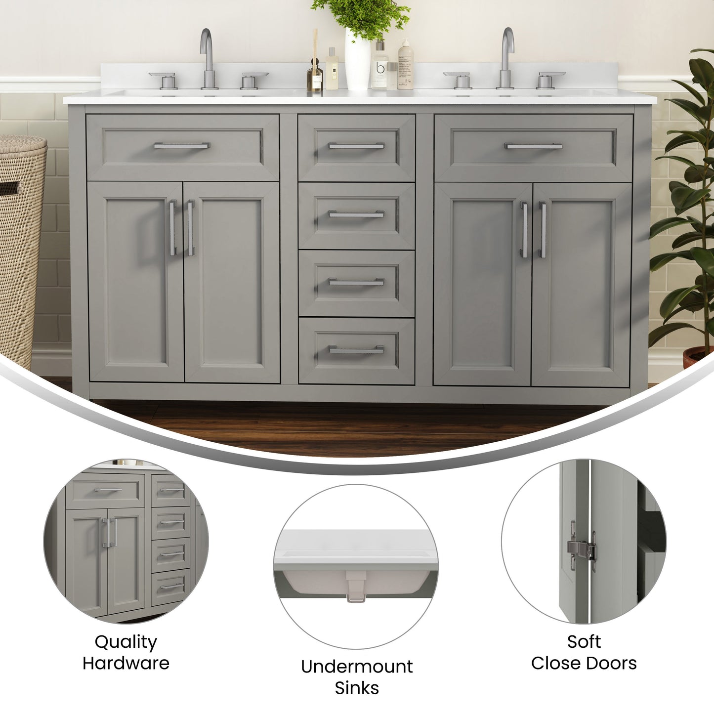 Vega 60 Inch Bathroom Double Vanity with 2 Sinks, 2 Storage Cabinets with Soft Close Doors and 6 Drawers, Carrara Marble Finish Countertop, Gray Gray