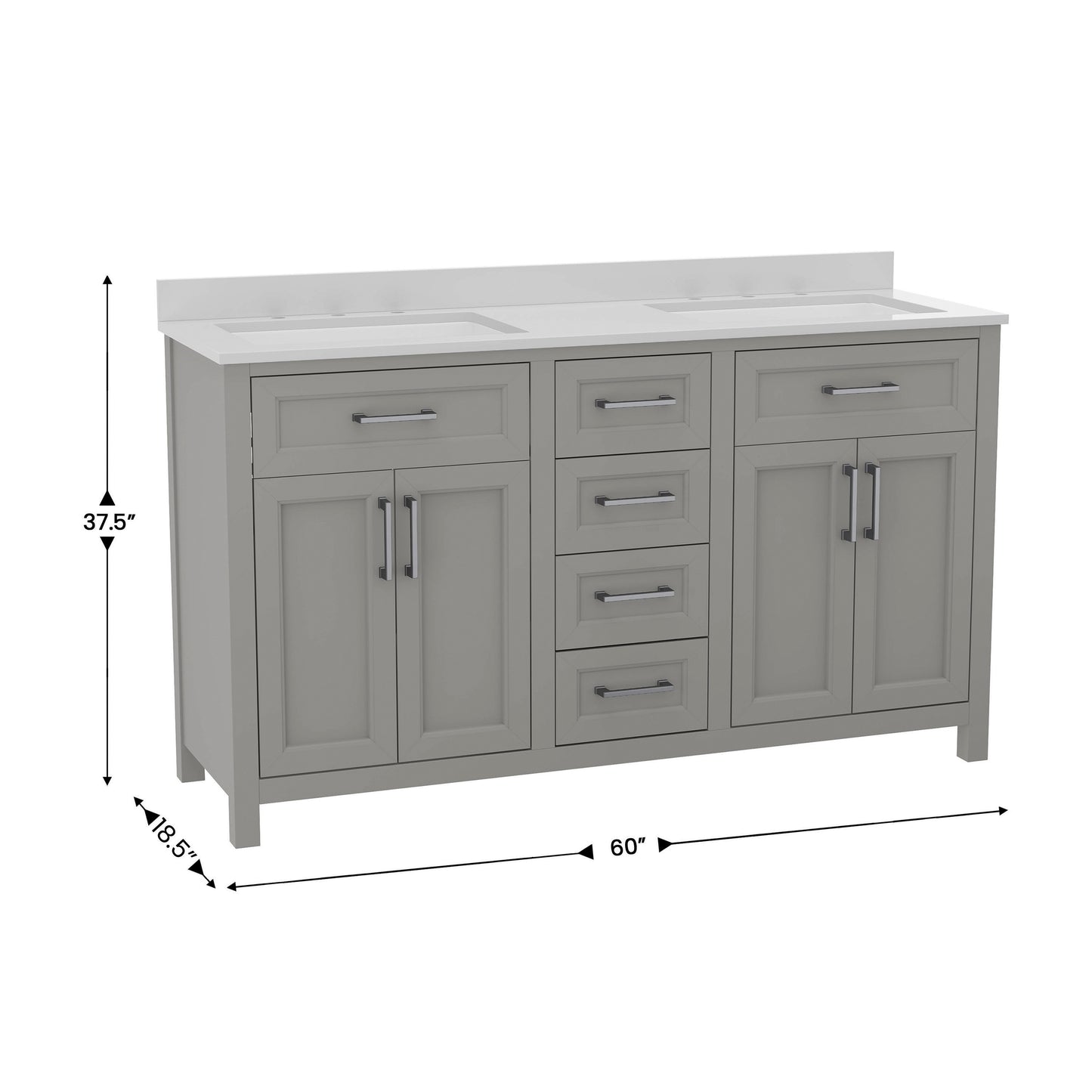 Vega 60 Inch Bathroom Double Vanity with 2 Sinks, 2 Storage Cabinets with Soft Close Doors and 6 Drawers, Carrara Marble Finish Countertop, Gray Gray