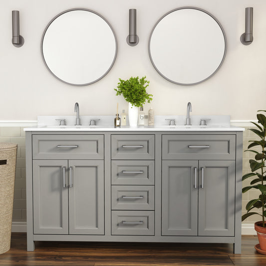 Vega 60 Inch Bathroom Double Vanity with 2 Sinks, 2 Storage Cabinets with Soft Close Doors and 6 Drawers, Carrara Marble Finish Countertop, Gray Gray FS-BN-2-60-GY-GG