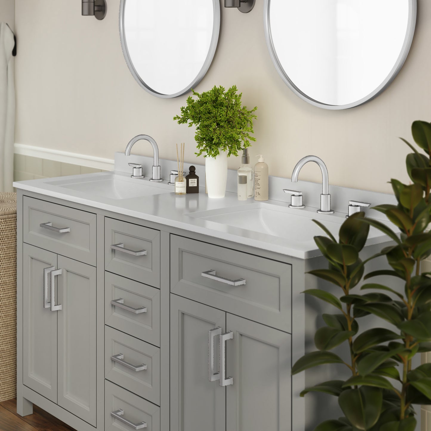Vega 60 Inch Bathroom Double Vanity with 2 Sinks, 2 Storage Cabinets with Soft Close Doors and 6 Drawers, Carrara Marble Finish Countertop, Gray Gray